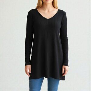 NWOT Yours Clothing Black Ribbed Longline Tunic Top V-Neck US 12